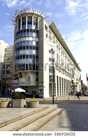 WARSAW, POLAND - APRIL 12, 2014: Sheraton Warsaw Hotel, five star hotel offers 350 elegant and comfortable guest rooms and suites, built in 1996