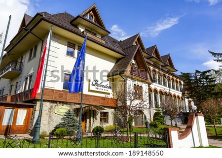 ZAKOPANE, POLAND - APRIL 20, 2014: Belvedere Hotel, four star hotel offers 175 elegant and comfortable guest rooms and suites, located in the immediate vicinity of the Tatra National Park