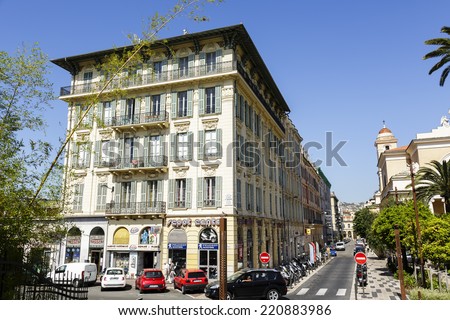 NICE, FRANCE - MAY 13, 2014: Cityscape of one of the greatest cities in the south of France, world-class art center, is famous for its magnificent architecture, both traditional and modern