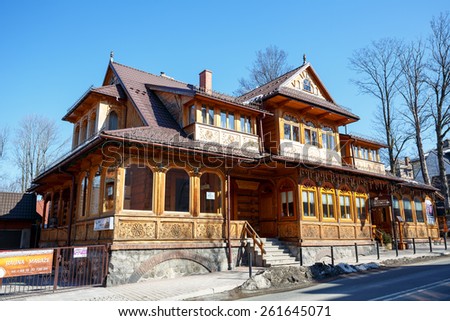 ZAKOPANE, POLAND - MARCH 09, 2015: Villa Slimak wooden house, built in the Zakopane style in 1902 by Jedrzej Slimak, according to the guidelines of Stanislaw Witkiewicz