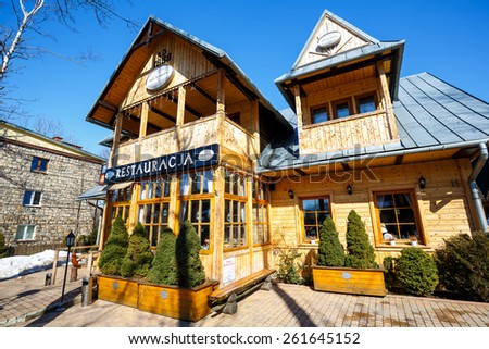 ZAKOPANE, POLAND - MARCH 09, 2015: The restaurant called Little Switzerland in a historic, wooden villa dating from 1888, formerly villa was called Anielowka