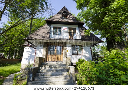 ZAKOPANE, POLAND - JUNE 12, 2015: Residential building named Villa Wieslaw, built probably in the second half of the 20th century, now offers guestrooms
