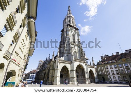 BERN, SWITZERLAND - SEPTEMBER 13, 2015: The Bern Minster (Berner Munster) in the old city built in the Gothic style, it is the tallest cathedral in Switzerland with a height of 100.6 m