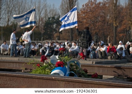 Auschwitz, Poland - November 5, 2008: Memorial Needs of students from Israel in the former concentration and extermination camp Auschwitz-Birkenau in Poland.
