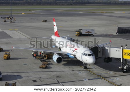 Vienna, Austria: October 15, 2012 - Plane Austrian airline at the airport in Vienna, Austria