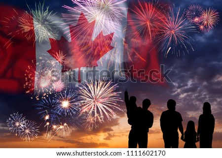 People looks holiday fireworks on independence day, flag of Canada in sky, background and banner