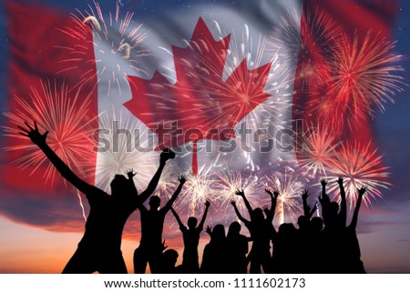 People looks holiday fireworks on independence day, flag of Canada in sky, background and banner