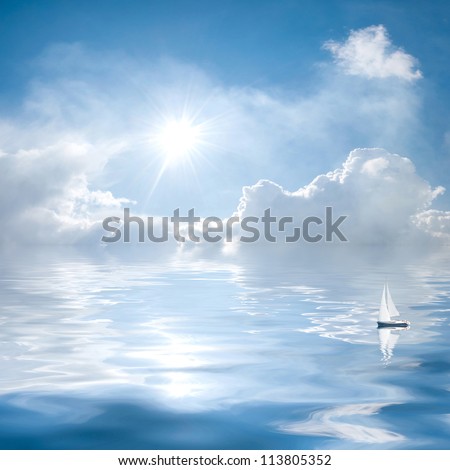 Blue sky with clouds and sun reflection in water; small yacht floats on the quiet sea