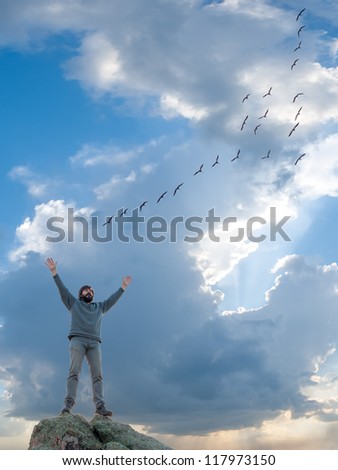 A man standing at mountain top with open arms, flight of flying birds, feeling of freedom