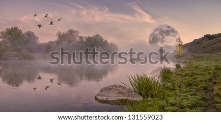 Autumn landscape with big moon and birds, flying by over the river, outdoors, panorama