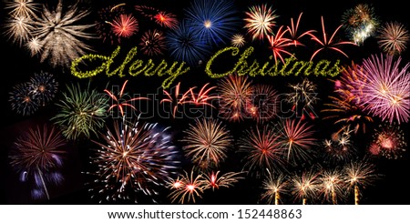 Beautiful Merry Christmas banner with fireworks on the black sky