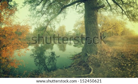 Vintage autumn landscape on coast of the river, panorama