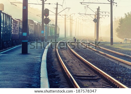Railroad crossing and the train in the morning mist