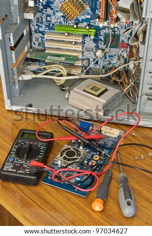 The open system box of the computer with circuit board for repair