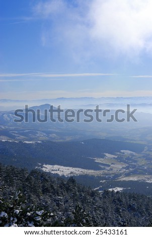Photograph of mountain peaks with trees, snow and blue sky behind