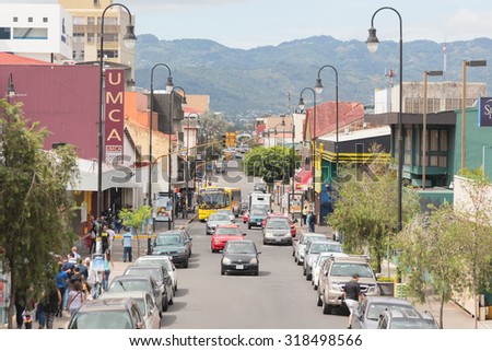 SAN JOSE, COSTA RICA - MAY 17: Panoramic view one of the busiest streets in San Jose downtown, Costa Rica