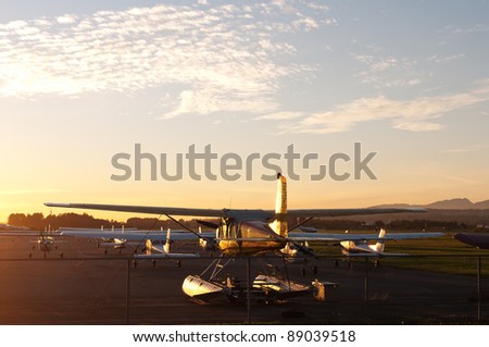 A small fleet of planes is grounded before dusk/Planes grounded in the sunset