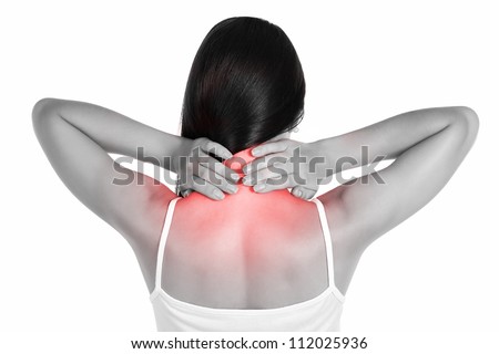 pain. girl holds neck in his hands. isolated