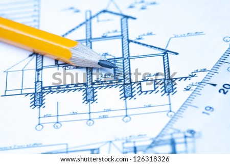 engineering and architecture drawings with pencil