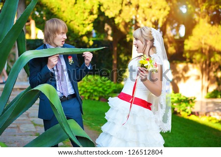 happy bride and groom  in a sunny summer park