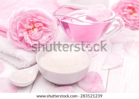 sea salt and essential oils, pink tea rose flower. spa