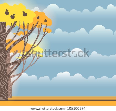 autumn background with rainy clouds and apple trees