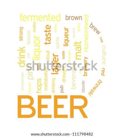 Beer word cloud concept illustration in the shape of a tankard, isolated on white background.