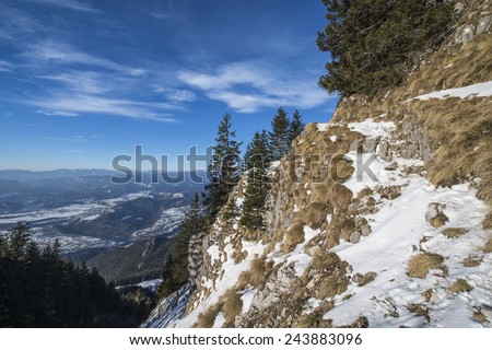 Snowy Forest at Sunrise after Snow. Snowy mountains on an early winter morning. Photograph was taken in Slovenia on the border with Austria.  Panorama with forest, mountains, clouds and clear sky.