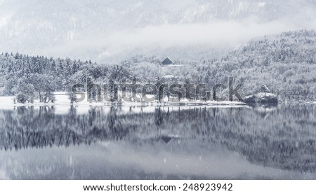 Reflection of the landscape in the lake. Winter Fairytale at Bohinj Lake in Slovenia. Mystical landscape on a winter day with heavy snow. Cottages reflection in the Snow.