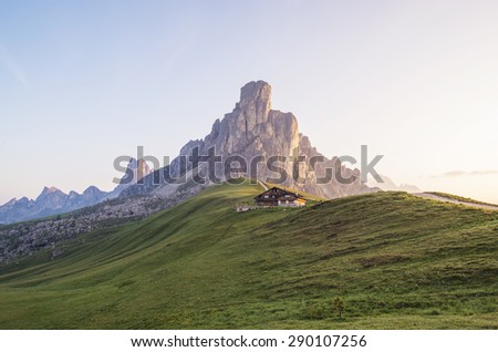 Mountain Panorama of the Dolomites as viewed from passo di Giau (as viewed from the mountain pass Giau). Photograph was taken just after the sunrise from the top of the pass.