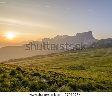 Mountain Panorama of the Dolomites as viewed from passo di Giau (as viewed from the mountain pass Giau). Photograph was taken just after the sunrise from the top of the pass.