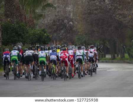 MERSIN, TURKEY - FEB. 08: Cyclists in action during turkey championship, Cycling Tour of Mersin on Feb. 08, 2013 in Mersin, Turkey.