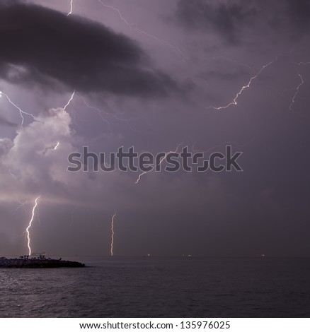 Lightning over sea