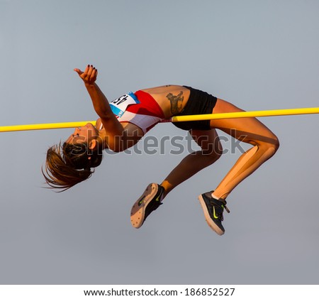 MERSIN - TURKEY - JUNE 28: High jumper Sibel Cakir (Turkish athlete) competes at the Mediterranean Games Championships June 28, 2013 in Mersin Turkey