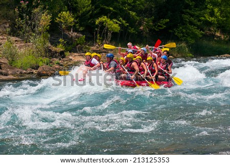 KOPRULU CANYON - TURKEY - JULY 11: Water rafting on the rapids of river Manavgat on July 11, 2014 in Koprulu Canyon, Turkey. Manavgat River is most popular rafters in Turkey