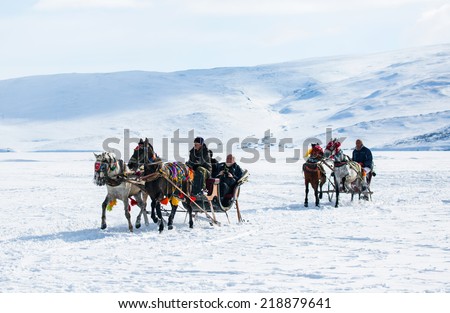 KARS - TURKEY - JANUARY 31: sleigh pulled by a horse in lake frozen cildir. Traditional Turkish winter fun. Cildir lake view at background. Taken on January 31.2014 in Cildir Lake , Kars , Turkey