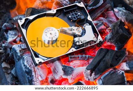 Hard disk drive inside and found virus - stock photo   burning hard disk drive