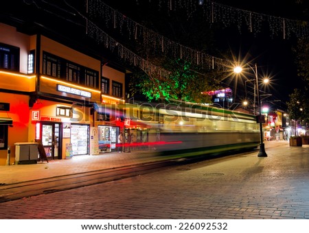 BURSA - TURKEY - OCTOBER 19: Public transport in Bursa , Tram also a major tourist attraction and one of the most environmentally friendly ways of travelling in Bursa, Turkey on october 19 2014