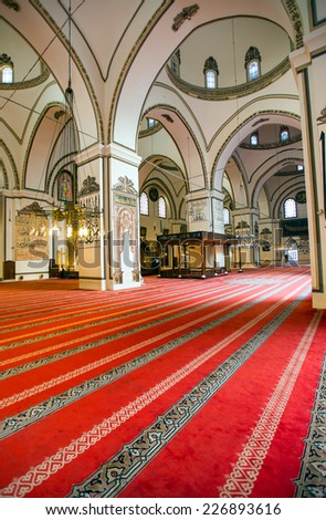 BURSA, TURKEY - OCTOBER 20: interior view of Great Mosque (Ulu) on october 20 2014 in Bursa, Turkey. Great Mosque is the largest mosque in Bursa and a landmark of early Ottoman architecture.