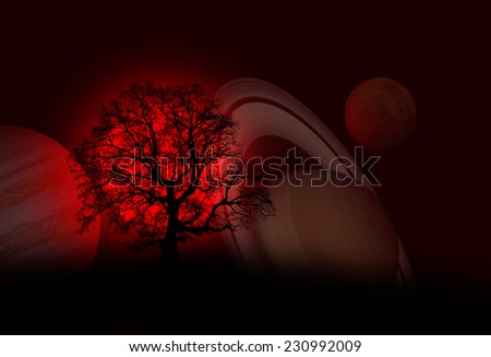 lone tree and dark red sun with planets  \