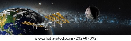 Space station in orbit around Earth against milky way.\