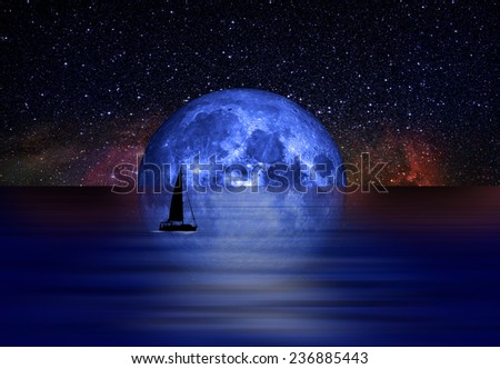 Sailing yacht illuminated by the light of a full blue moon \