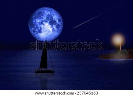 Sailing yacht and blue moon against light house  