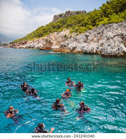 ALANYA - TURKEY, JULY 08: Student scuba divers in the water during a rescue dive course July 08, 2014 in Alanya, Turkey