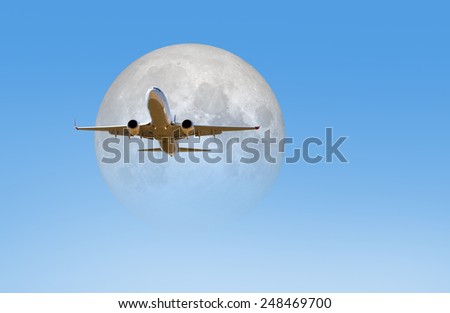 Passenger airplane on the blue sky background against White moon \