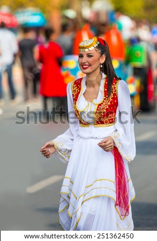 MERSIN, TURKEY - NOVEMBER 17 Unidentified person attends, Mersin folk dance festival (citrus festival).700 from 29 countries will participate in the dancer on November 17 2013 Mersin Turkey.
