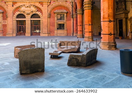 stone chairs and table in the city historical council building, Bologna italy