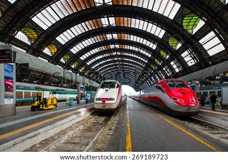 MILAN, ITALY - MARCH 20, 2015: High-speed Eurostar train at the railway station in Milan