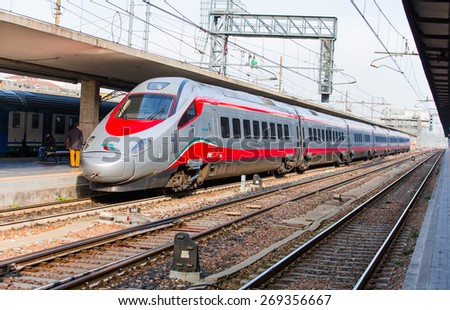 BOLOGNA, ITALY - MARCH 11: High speed train Freccia Rossa connecting main Italy cities, March 11, 2015 in Bologna, Italy