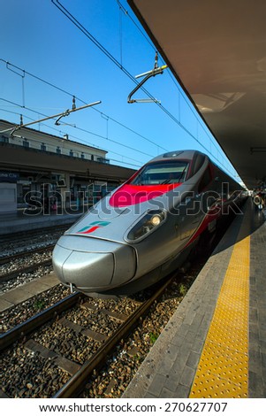 BOLOGNA, ITALY - MARCH 12: High speed train Freccia Rossa connecting main Italy cities, March 12, 2015 in Bologna, Italy